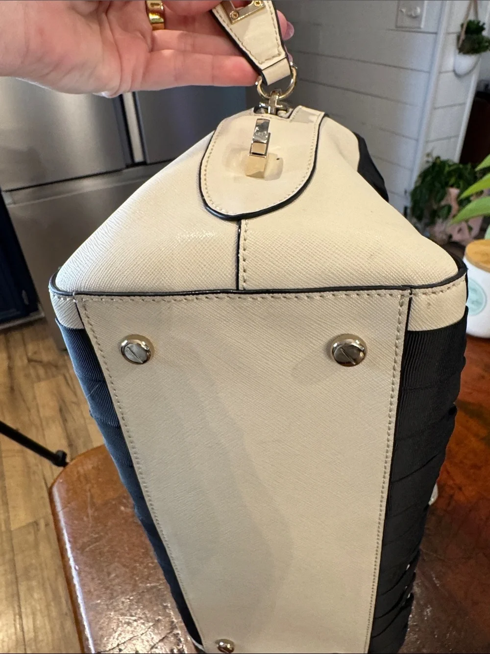 henri bendel White and Black Leather Satchel with Lace-Up Trim
